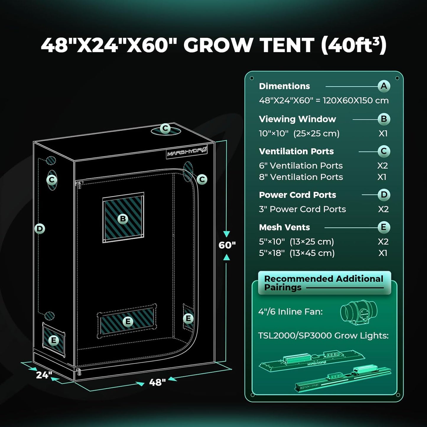 Mars Hydro 120x60x150 Grow Tent specs