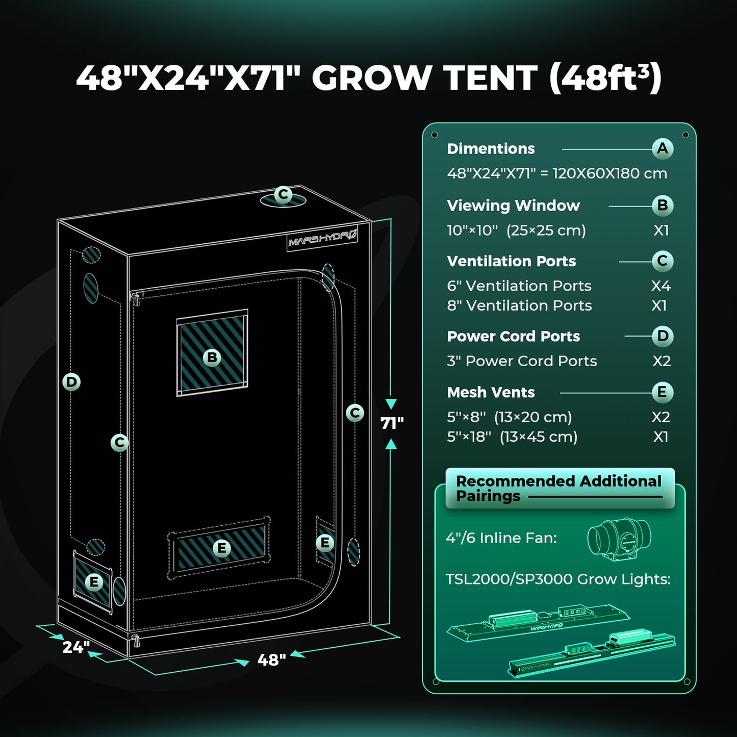 Mars Hydro 120x60x180 Grow Tent specs