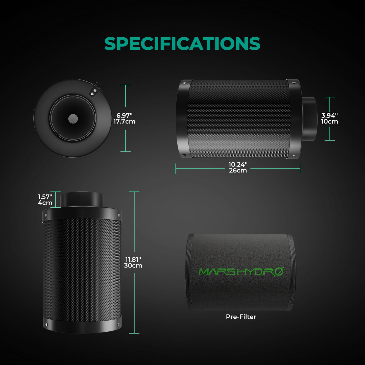 Mars Hydro 4" Carbon Filter Hervulbaar specs