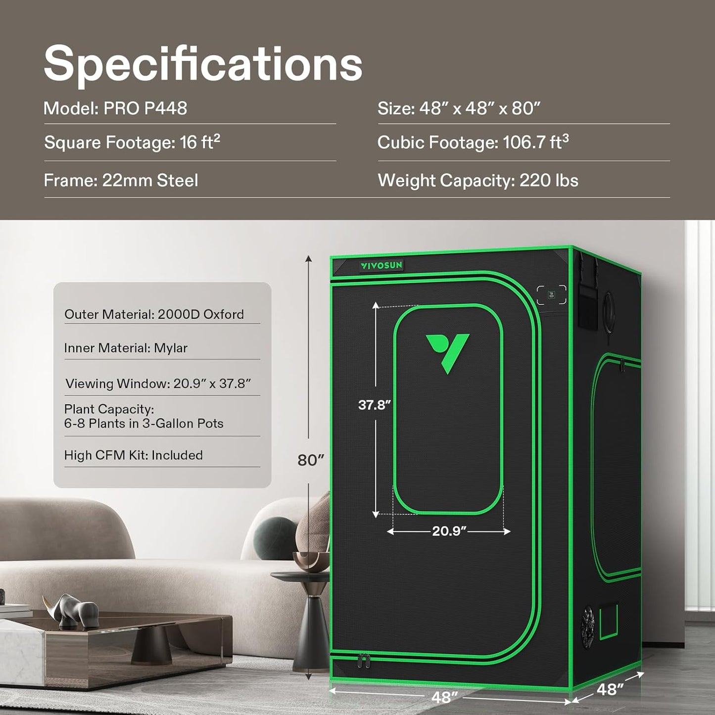 VIVOSUN P448 PRO Growzelt 120 cm x 120 cm x 200 cm