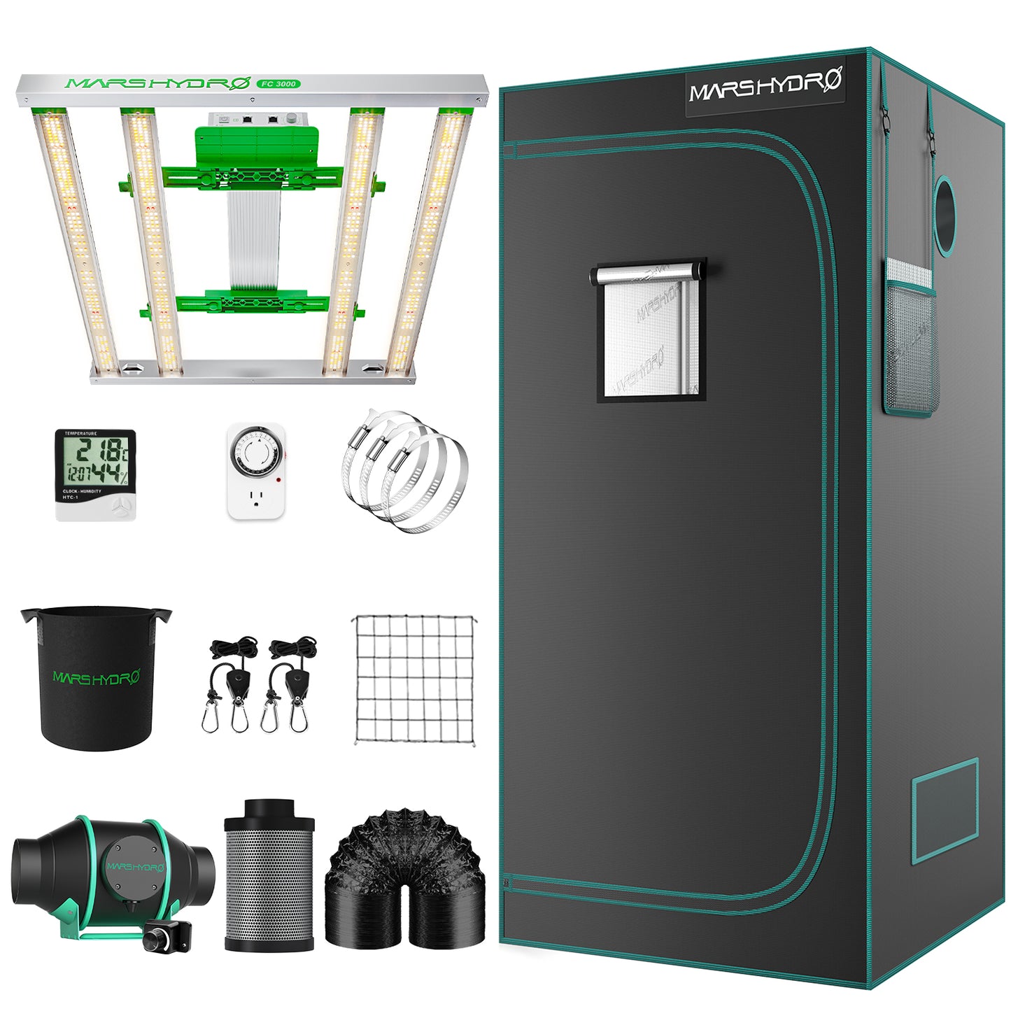 Mars Hydroponic Growzelt-Kit Komplett FC 3000 EVO Full Grow 100 x 100 x 180 cm mit Geschwindigkeitsregler