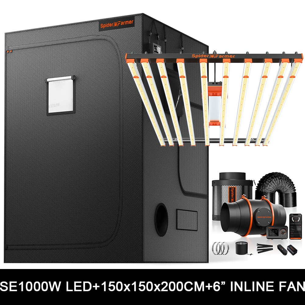 Spider Farmer SE1000W Complete Grow Tent Kit – 150×150×200 cm Tent + 1000W Full Spectrum LED + 6″ Inline Fan met GGS Controller