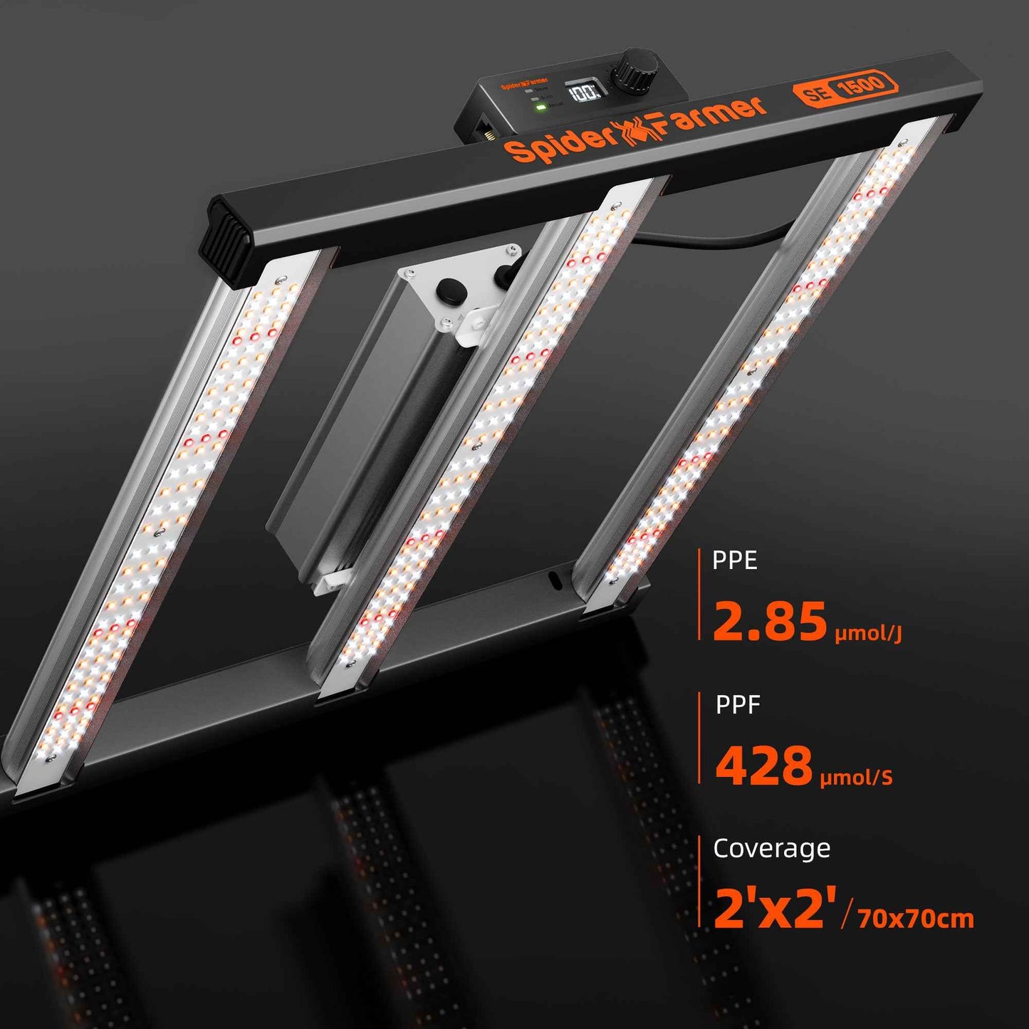Spider Farmer SE1500 EVO 150W LED Kweeklamp – Samsung LM301H EVO, 2.85 µmol/J, Bluetooth & WiFi App, 70×70 cm Kweektent
