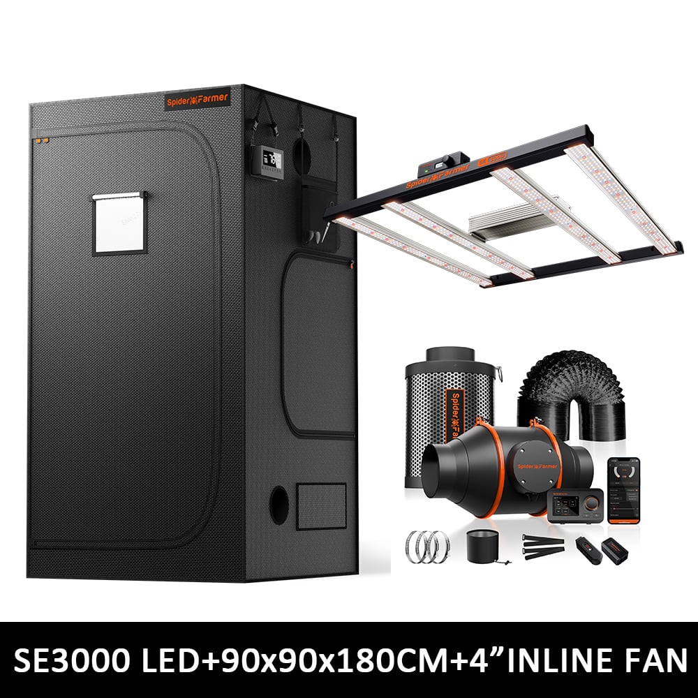 Spider Farmer SE3000 EVO Complete Grow Tent Kit – 90×90×180 cm Tent + 300W Full Spectrum LED + 4” Ventilatiesysteem met GGS Controller