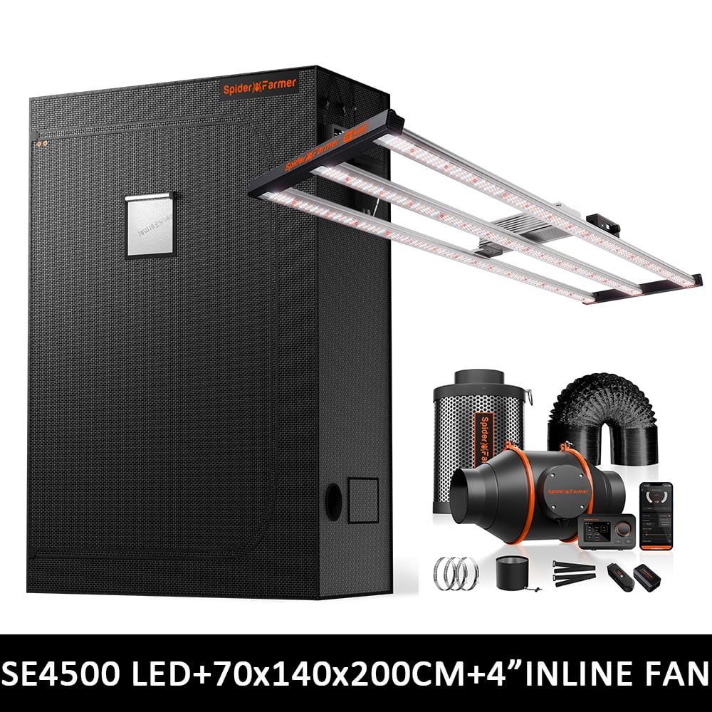 Spider Farmer SE4500 Growzelt-Kit komplett – 70×140×200 cm Zelt + 320 W Vollspektrum-LED + 4-Zoll-Belüftungssystem mit GGS-Controller