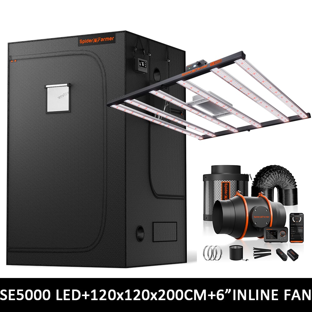 Spider Farmer SE5000 EVO Complete Grow Tent Kit – 120×120×200 cm Tent + 480W Full Spectrum LED + Nieuw 6” Ventilatiesysteem met GGS Controller