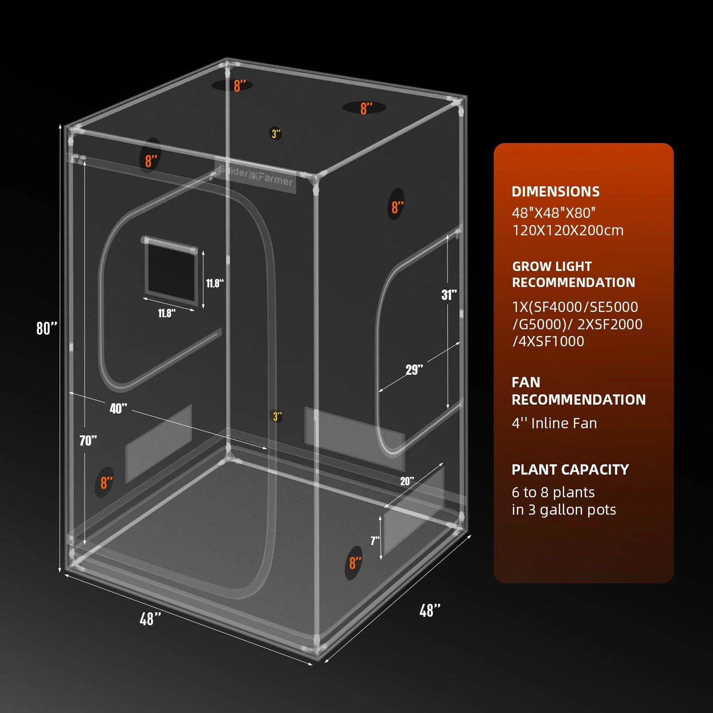 Spider Farmer SF4000 EVO Complete Grow Tent Kit – 120×120×200 cm Tent + 450W Full Spectrum LED + 6” Ventilatie + Clipfan + Snelheidsregelaar