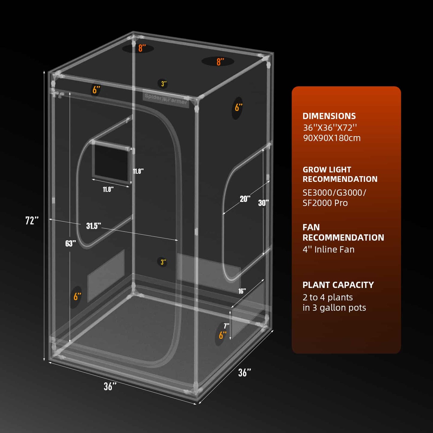 Spider Farmer SE3000 EVO Complete Grow Tent Kit – 90×90×180 cm Tent + 300W Full Spectrum LED + 4” Ventilatiesysteem met GGS Controller