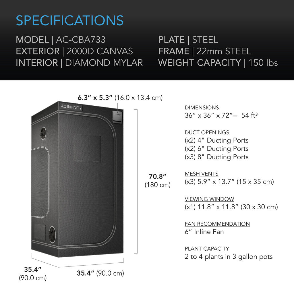 AC Infinity CLOUDLAB 733 – Advance Growzelt 3x3, 2000D Diamond Mylar Canvas, 90 cm x 90 cm x 180 cm