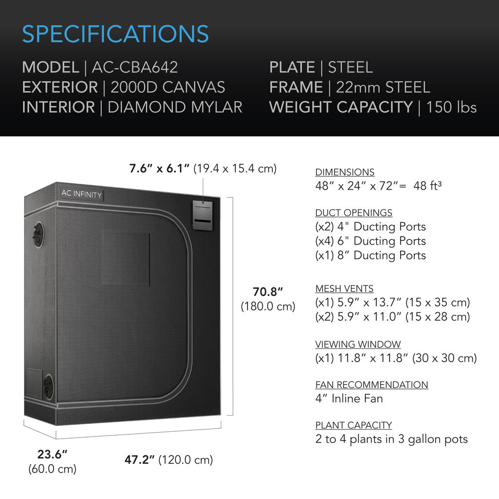 AC Infinity CLOUDLAB 642 – Advance Growzelt 4x2, 2000D Diamond Mylar Canvas, 120 cm x 60 cm x 180 cm