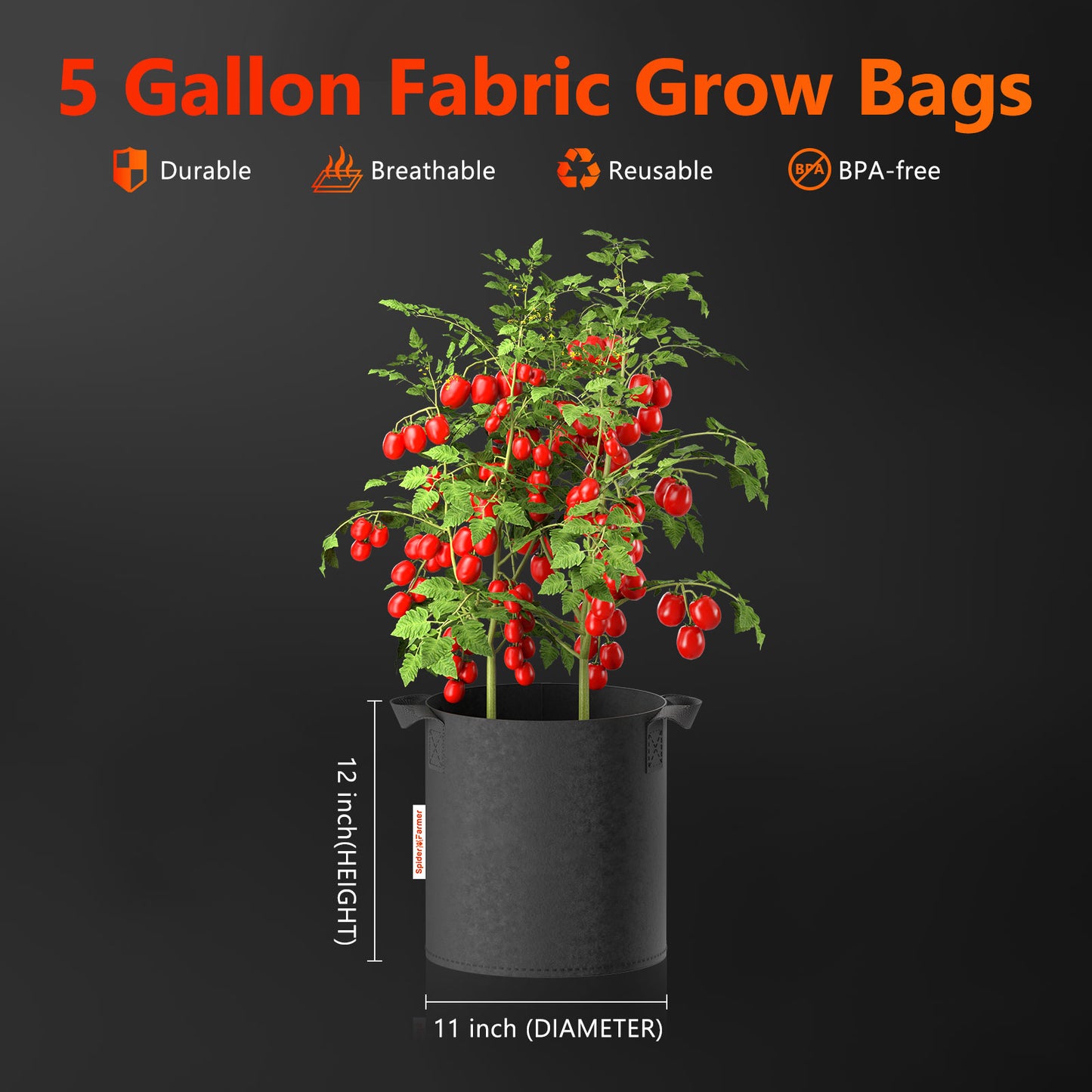 Spider Farmer 5 Gallonen/19 Liter Pflanzbeutel, 5 Packungen