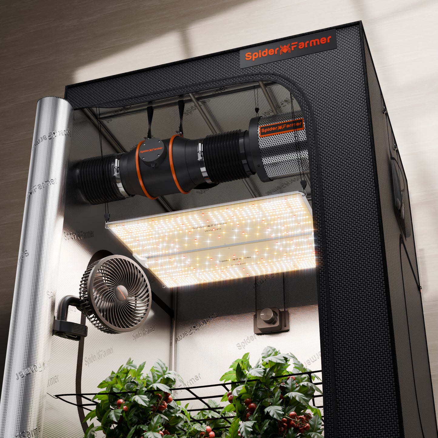 Spider Farmer SF4000 EVO Complete Grow Tent Kit – 120×120×200 cm Tent + 450W Full Spectrum LED + 6” Ventilatie + Clipfan + Snelheidsregelaar