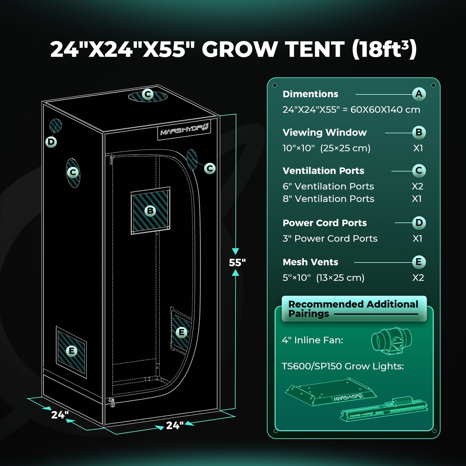 mars hydro ts600 alles-in-één kweektent kit | ts600 all-in-one grow tent kit | ts600 alles-in-einem grow zelt kit