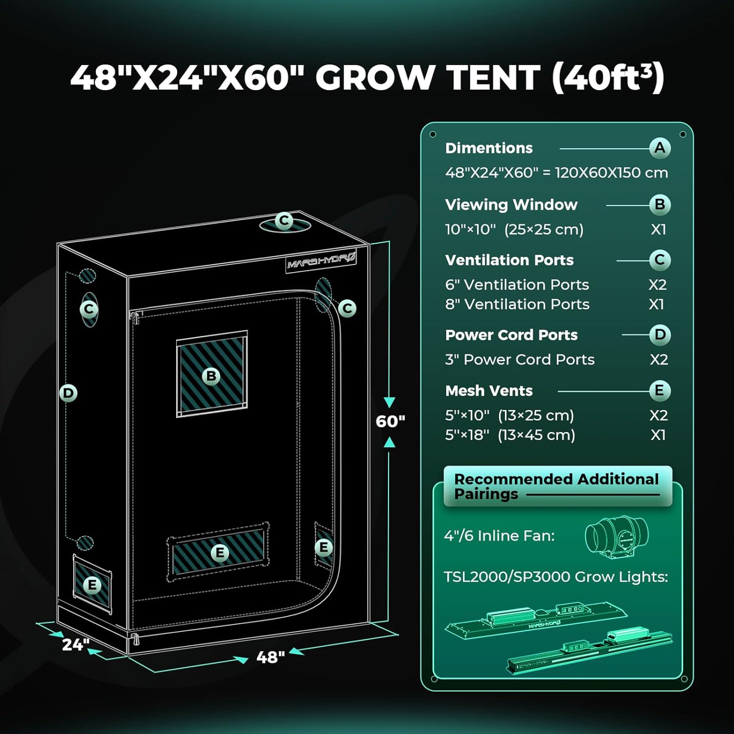 Mars Hydro 120x60x150 Grow Tent specs