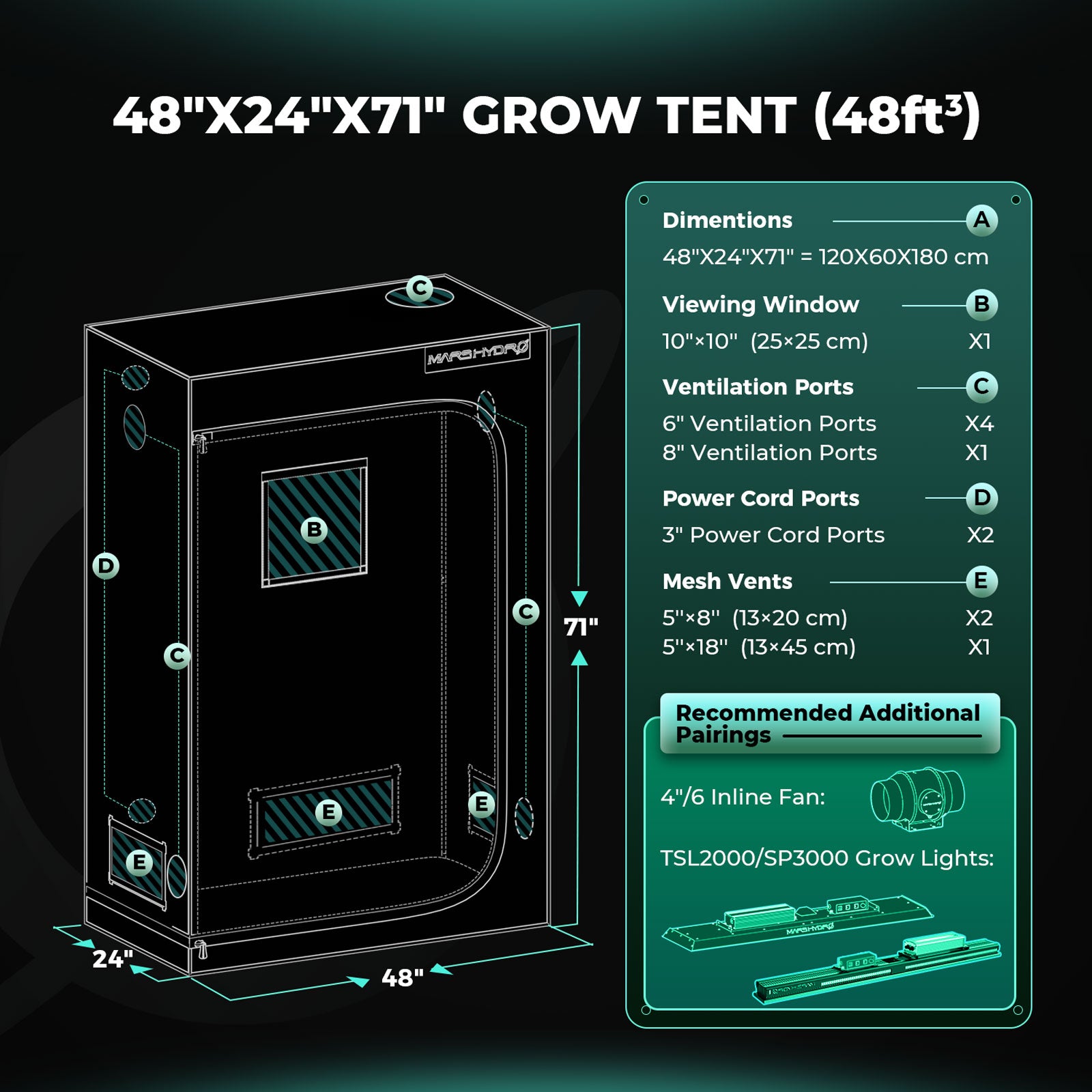 Mars Hydro 120x60x180 Grow Tent specs
