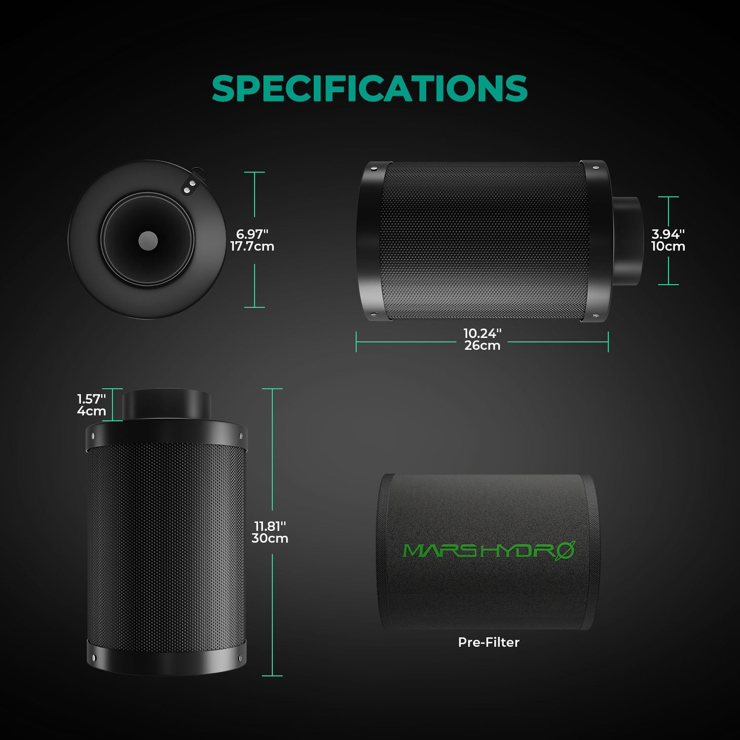 Mars Hydro 4" Carbon Filter Hervulbaar specs