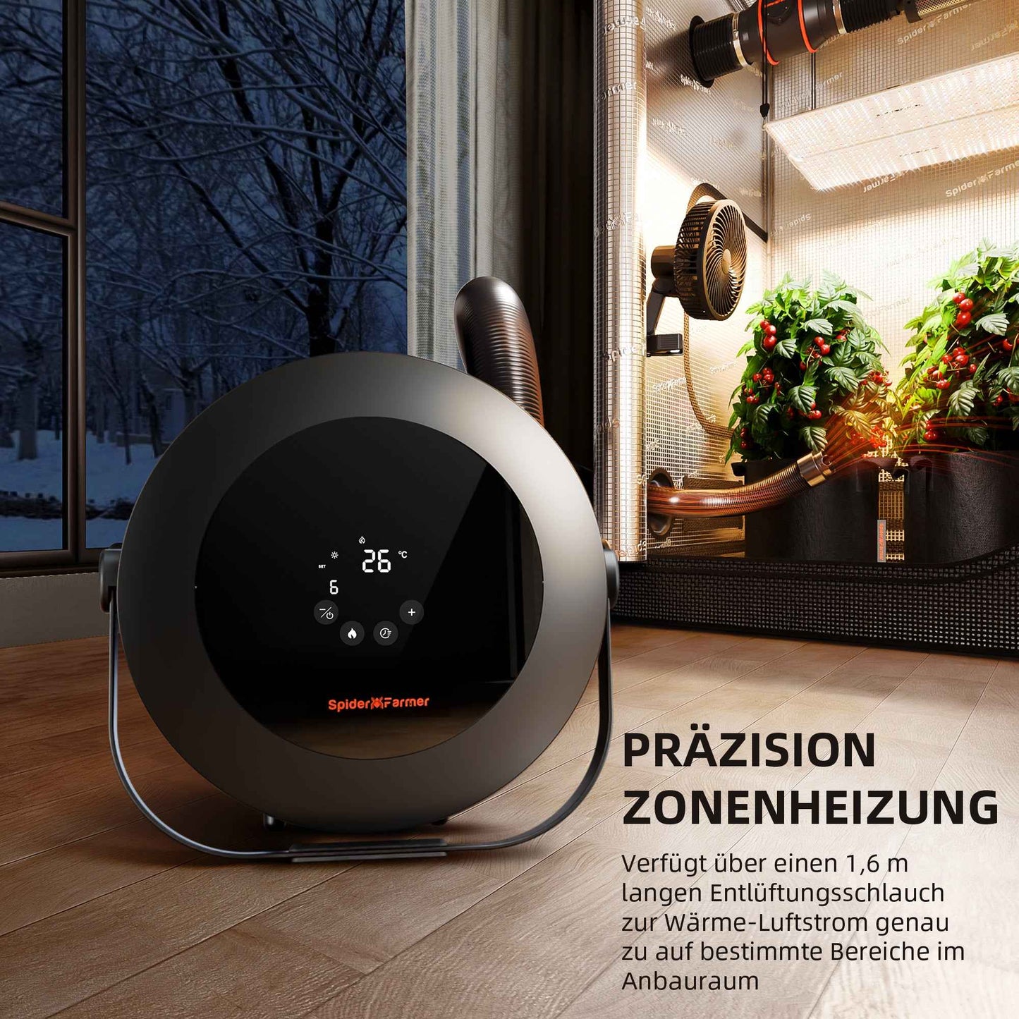 Spider Farmer 540W Kweektent Heater – Smart PTC Verwarming met 24H Timer, Dag/Nacht Modus & GGS App-Controle