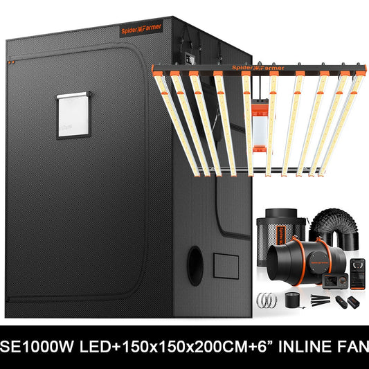 Spider Farmer SE1000W Complete Grow Tent Kit – 150×150×200 cm Tent + 1000W Full Spectrum LED + 6″ Inline Fan met GGS Controller