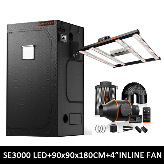 Spider Farmer SE3000 EVO Complete Grow Tent Kit – 90×90×180 cm Tent + 300W Full Spectrum LED + 4” Ventilatiesysteem met GGS Controller