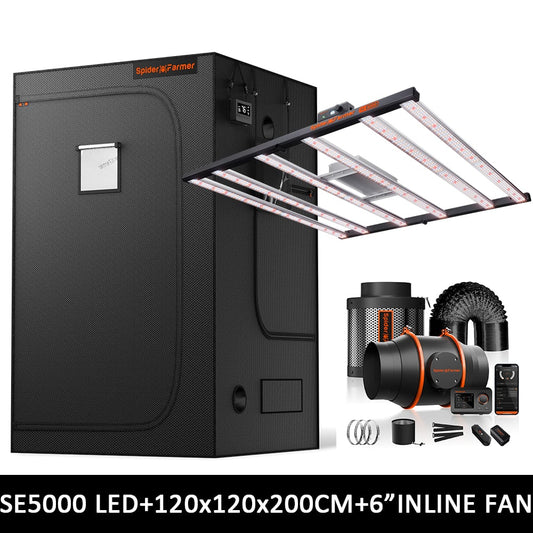 Spider Farmer SE5000 EVO Complete Grow Tent Kit – 120×120×200 cm Tent + 480W Full Spectrum LED + Nieuw 6” Ventilatiesysteem met GGS Controller