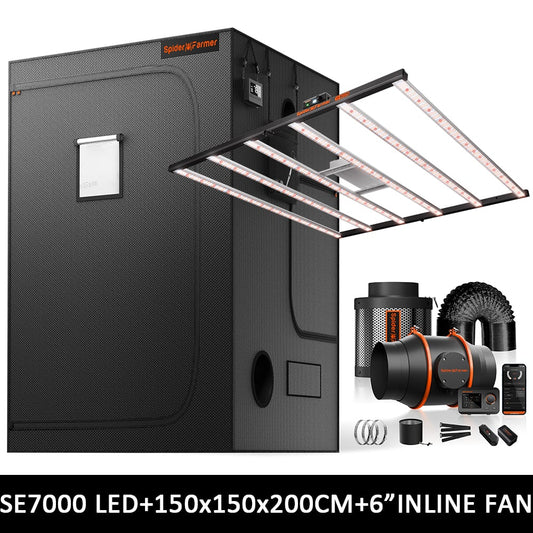 Spider Farmer SE7000 Complete Grow Tent Kit – 150×150×200 cm Tent + 730W Full Spectrum LED + Nieuw 6″ Inline Fan met GGS Controller