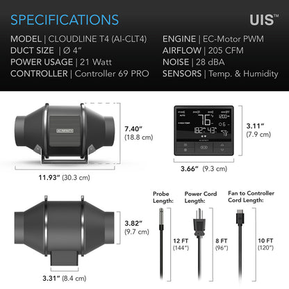 AC Infinity CLOUDLINE T4 – Leises Inline-Kanallüftersystem mit Temperatur- und Feuchtigkeitsregler (100 mm)