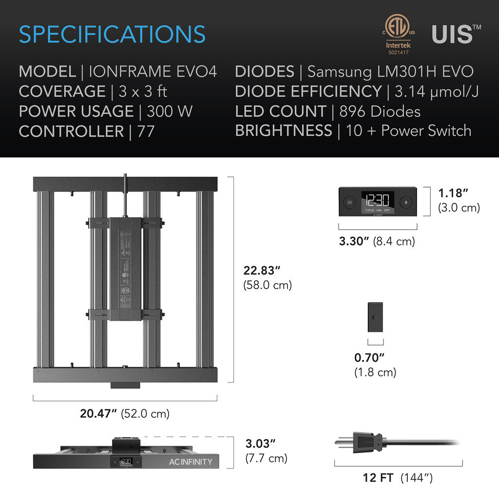 AC Infinity IONFRAME EVO4 – Samsung LM301H EVO Kommerzielles LED-Wachstumslicht, 300 W, bis zu 100 x 100 cm