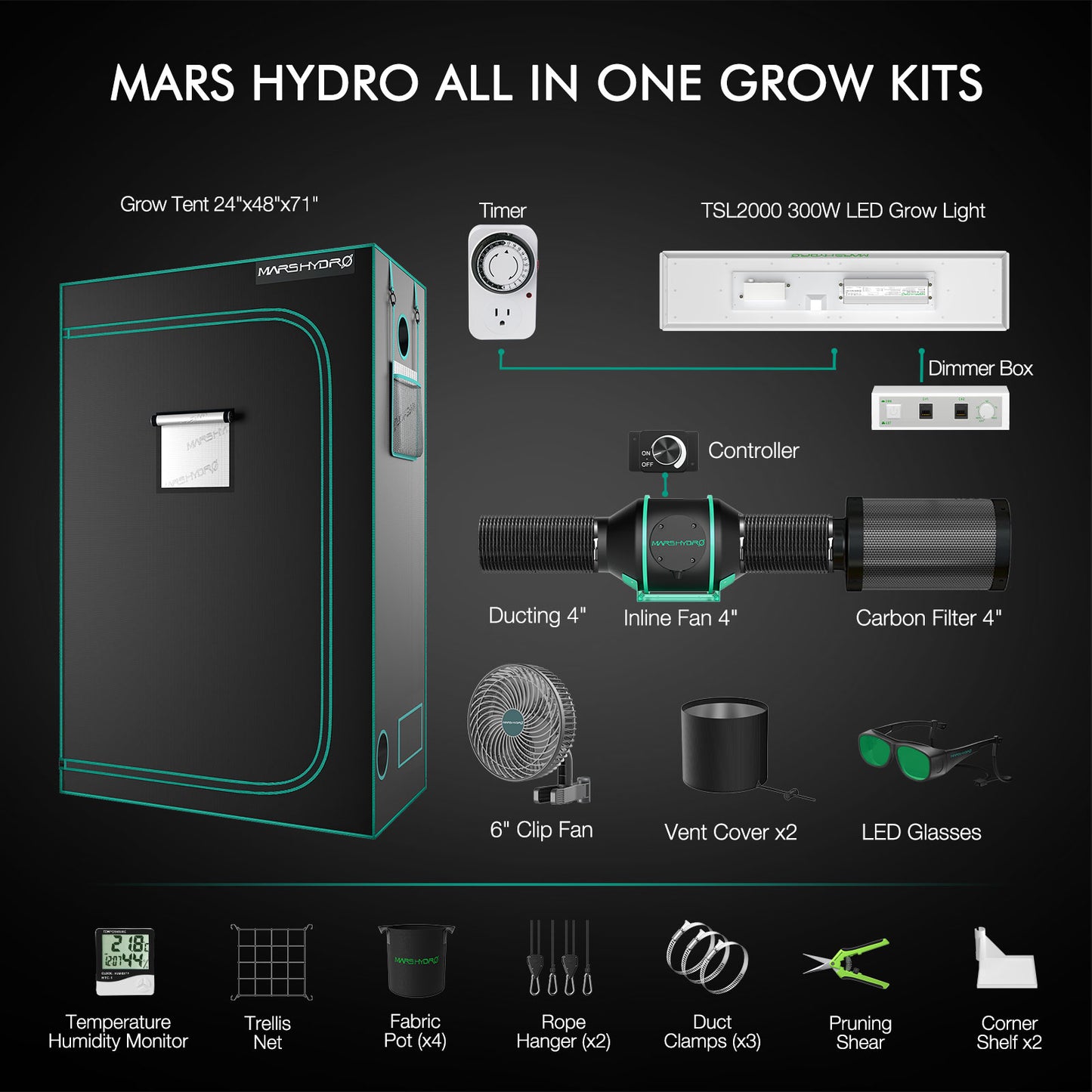 Mars Hydro TSL2000 kweektent kit met ventilatie | Grow tent with 4 inch fan | Growbox Lüftungssystem