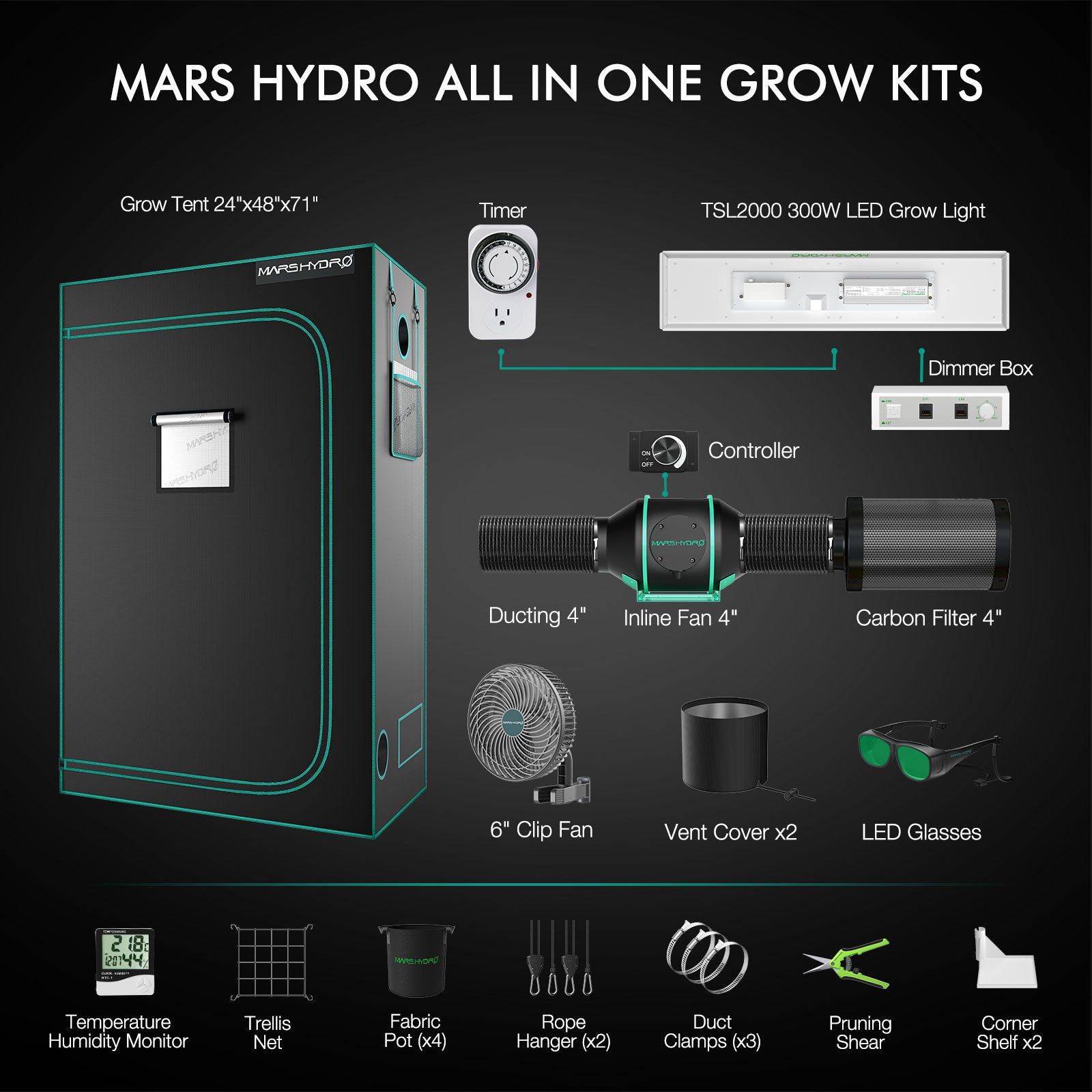 Mars Hydro TSL2000 kweektent kit met ventilatie | Grow tent with 4 inch fan | Growbox Lüftungssystem
