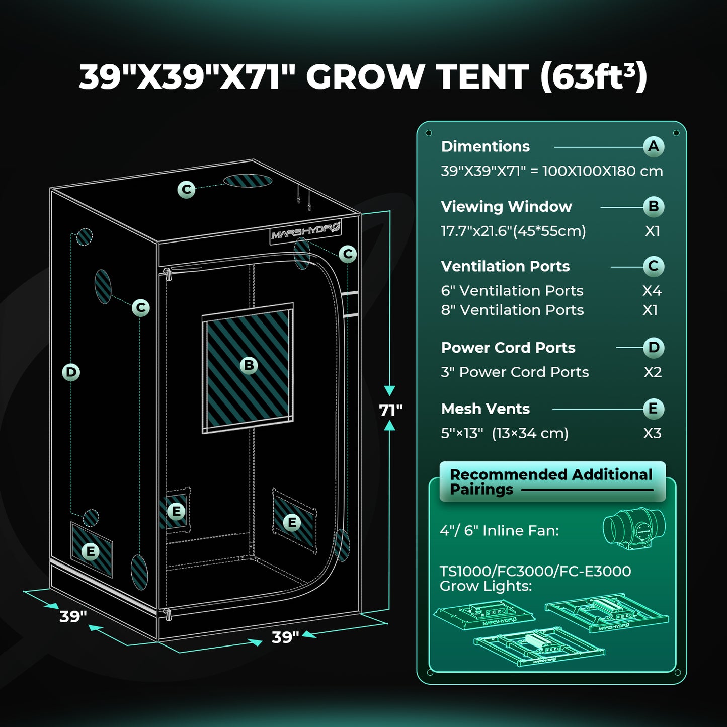 Mars Hydro 100×100 cm kweektent voor LED kweeklamp | Mars Hydro 100×100 cm grow tent for LED grow light | Mars Hydro 100×100 cm Growzelt für LED Pflanzenlampe