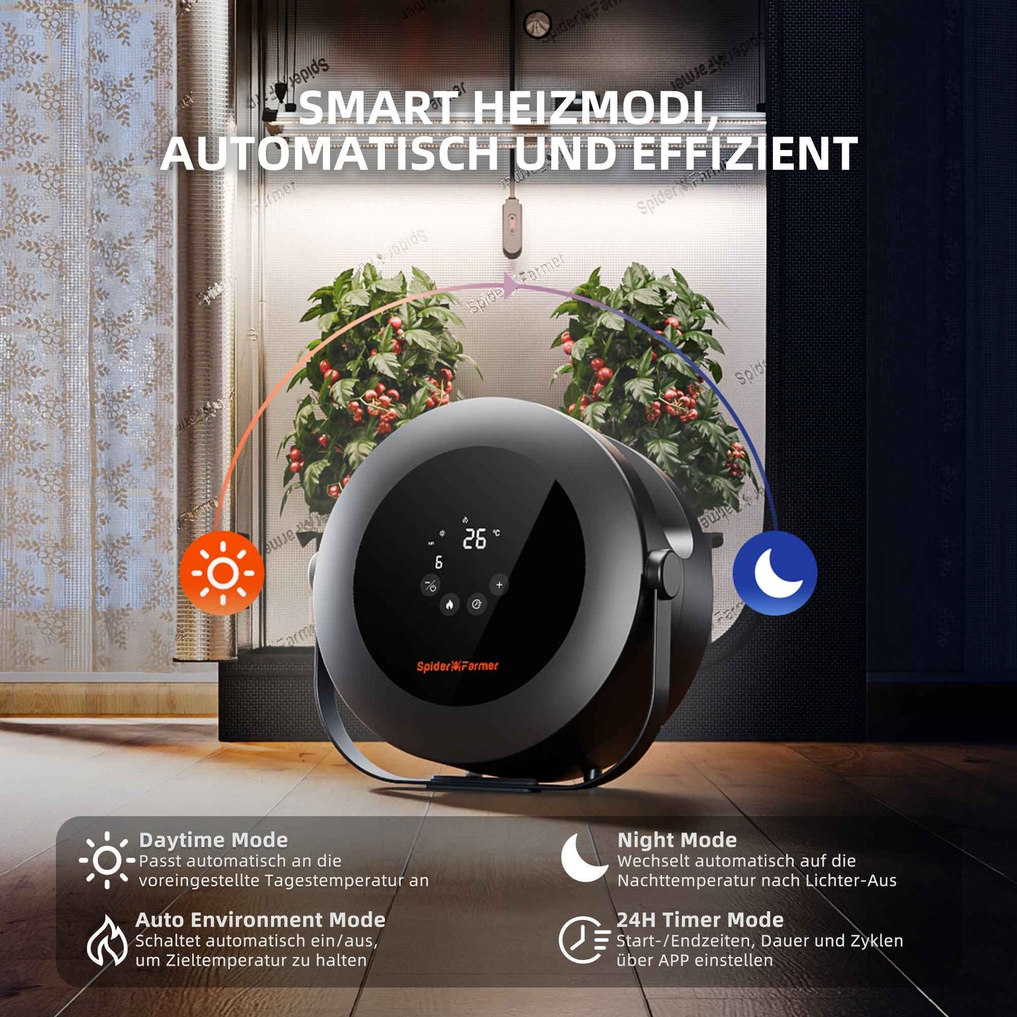 Spider Farmer 540W Kweektent Heater – Smart PTC Verwarming met 24H Timer, Dag/Nacht Modus & GGS App-Controle