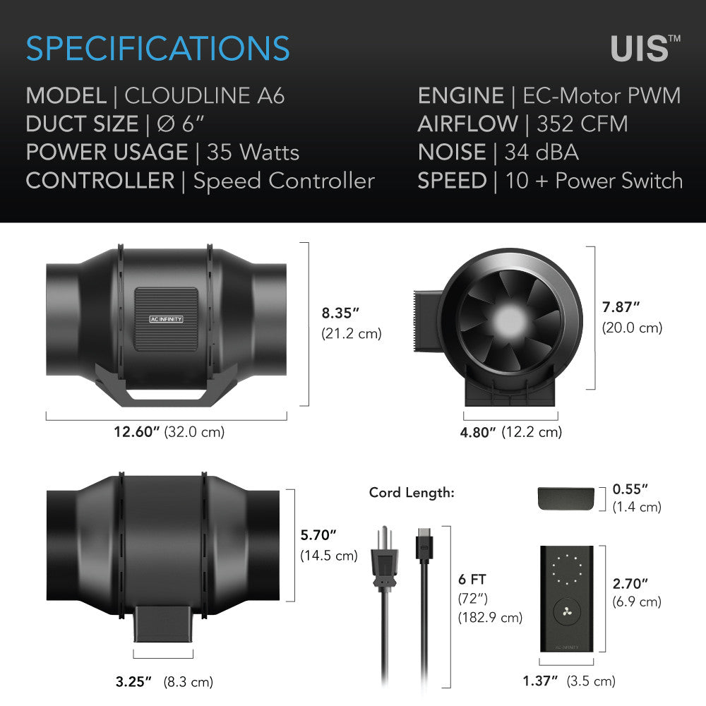 AC Infinity CLOUDLINE A6 krachtige inline ventilator 352 CFM / powerful 352 CFM inline ventilation fan / leistungsstarker 352 CFM Inline Lüfter