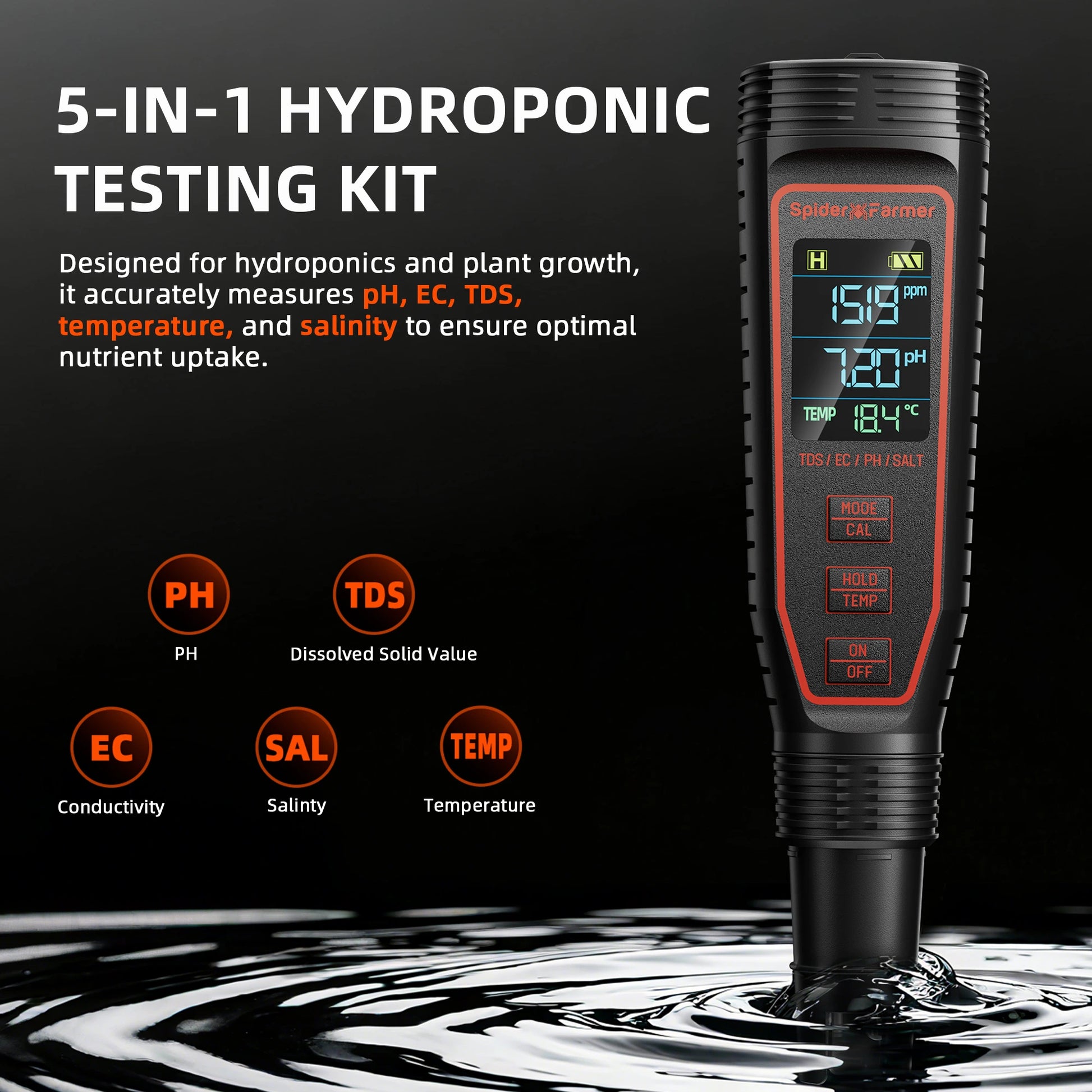 Spider Farmer digitale pH meter voor voedingswater en hydroponische kweek | Spider Farmer digital pH meter for nutrient water and hydroponic growing | Spider Farmer digitales pH-Messgerät für Nährlösung und Hydroponik