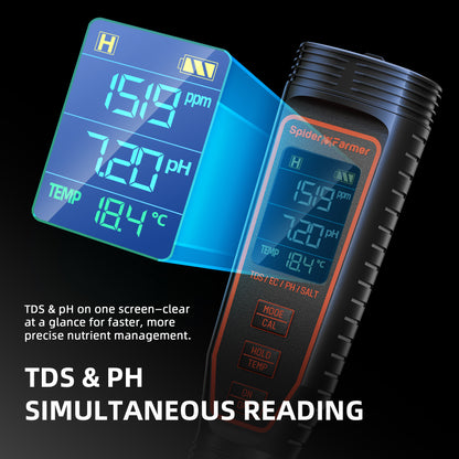 Spider Farmer TDS en pH meter met gelijktijdige displayweergave | Spider Farmer TDS and pH meter with simultaneous display | Spider Farmer TDS- und pH-Messgerät mit gleichzeitiger Displayanzeige